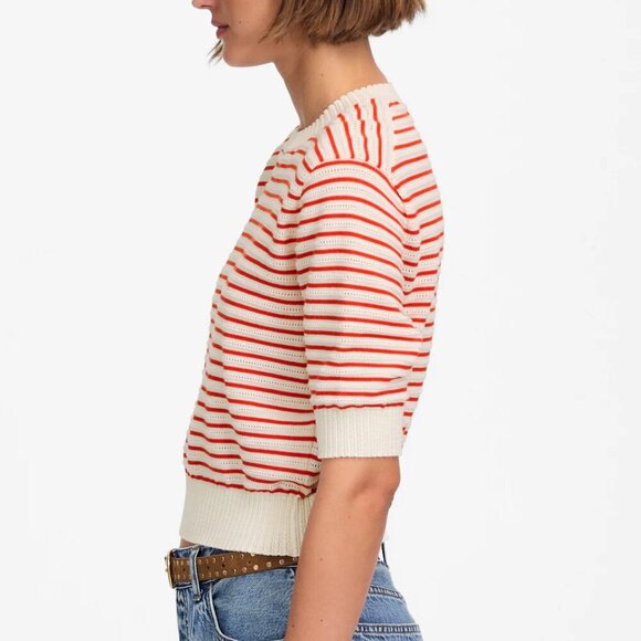 Madewell Textural-Stitch Cotton Sweater Cropped Red Stripes Size XS NWT - Picture 2 of 8